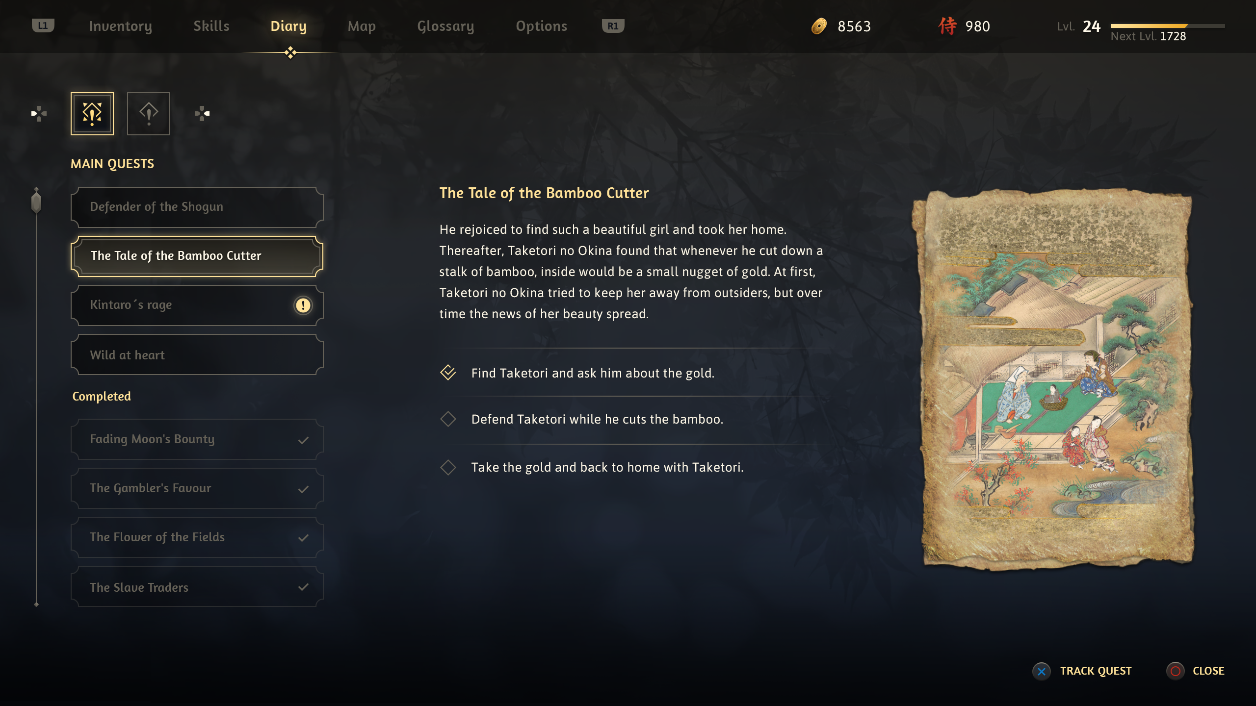 Akuma diary screen with quest list, narrative text, objectives, and ukiyo-e illustration