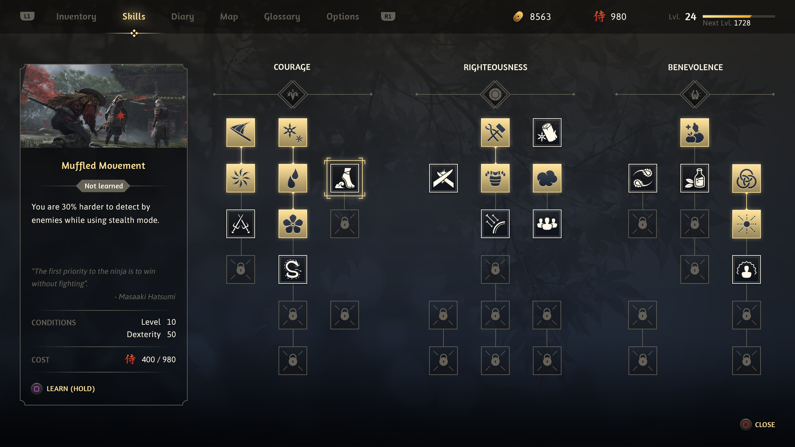 Akuma skills screen with three virtue-based skill trees and a selected skill detail panel