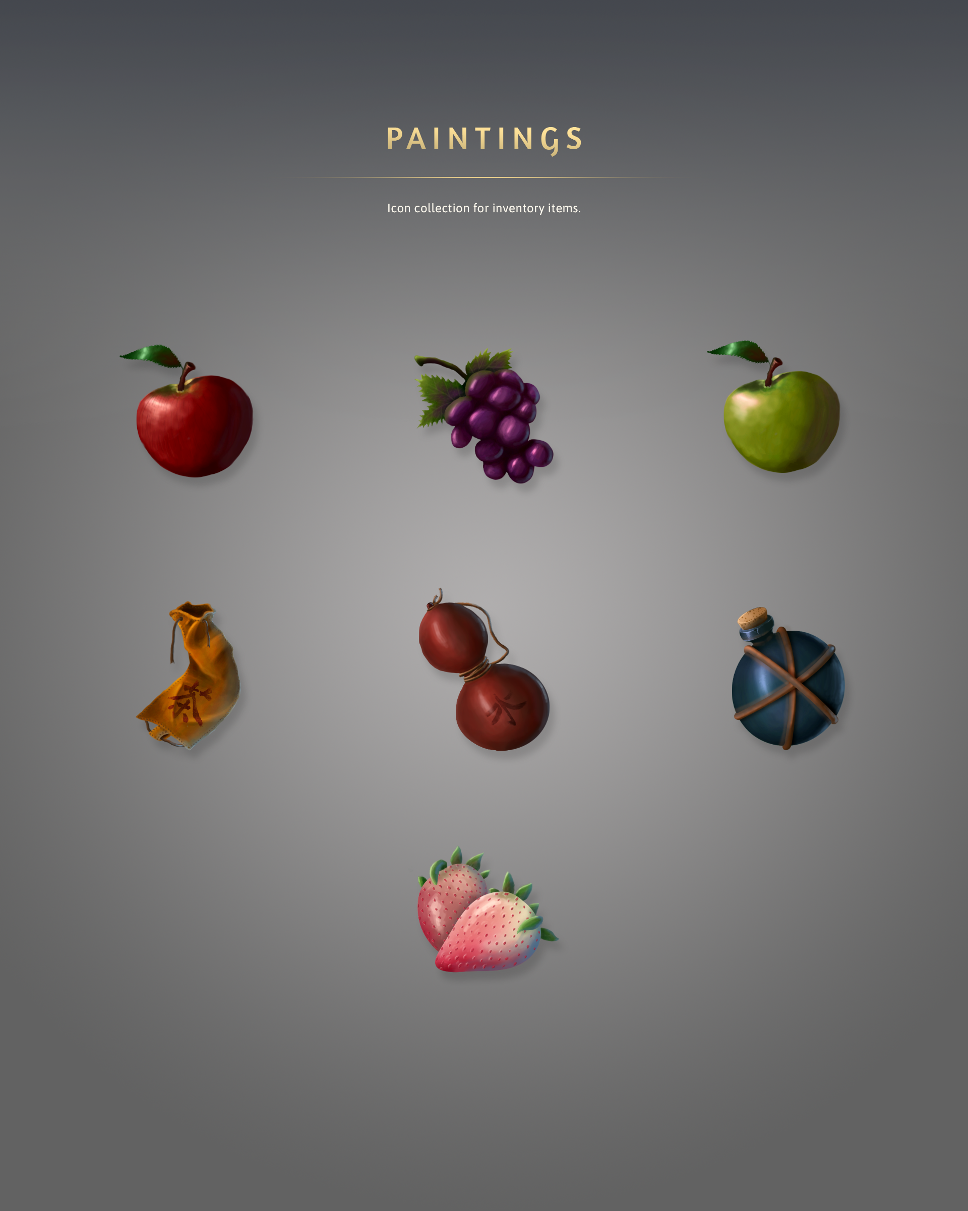 Painted inventory item icons including fruits, pouch, gourd, and flask