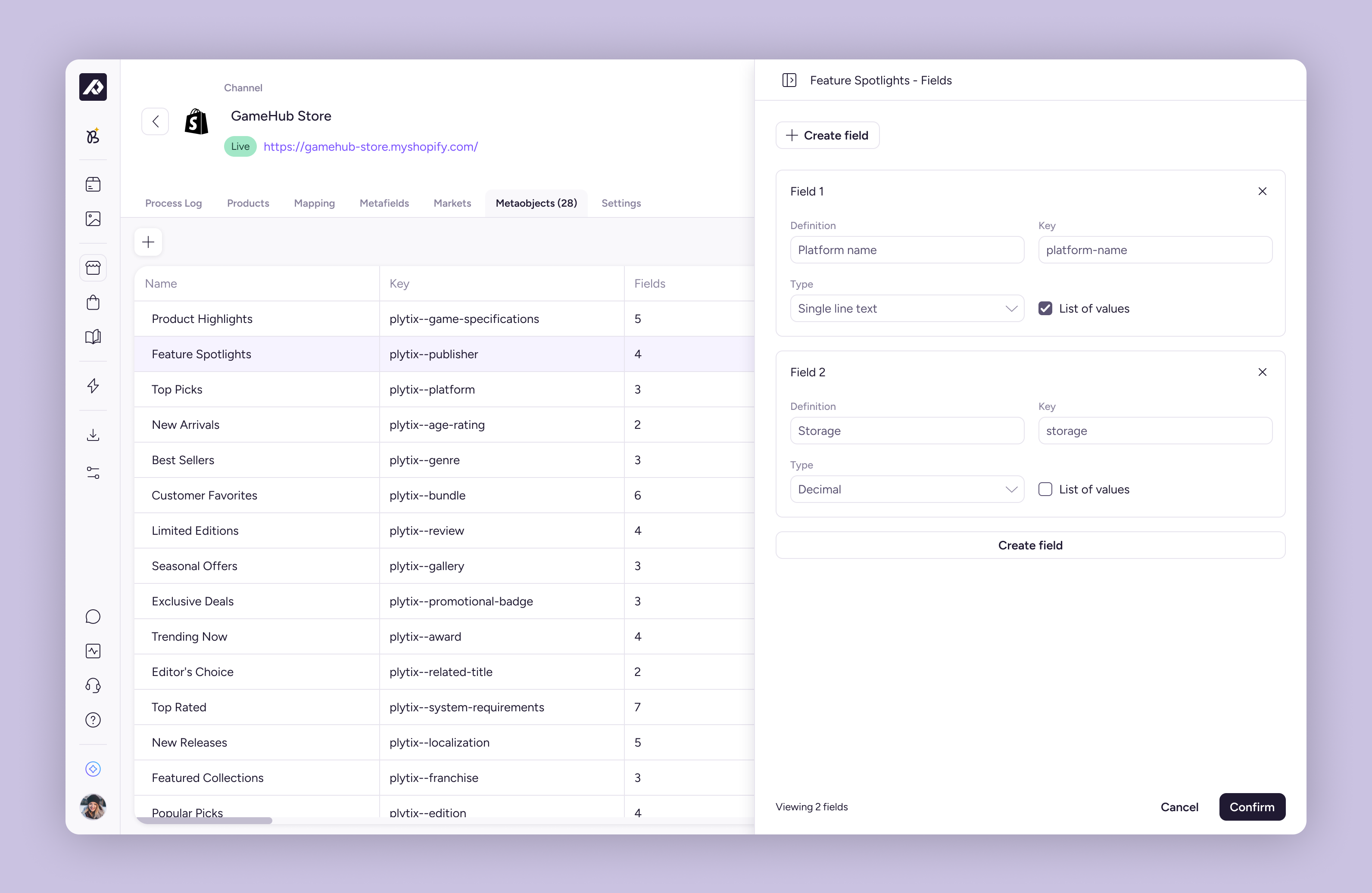 Fields side panel for Feature Spotlights showing Platform name and Storage field definitions