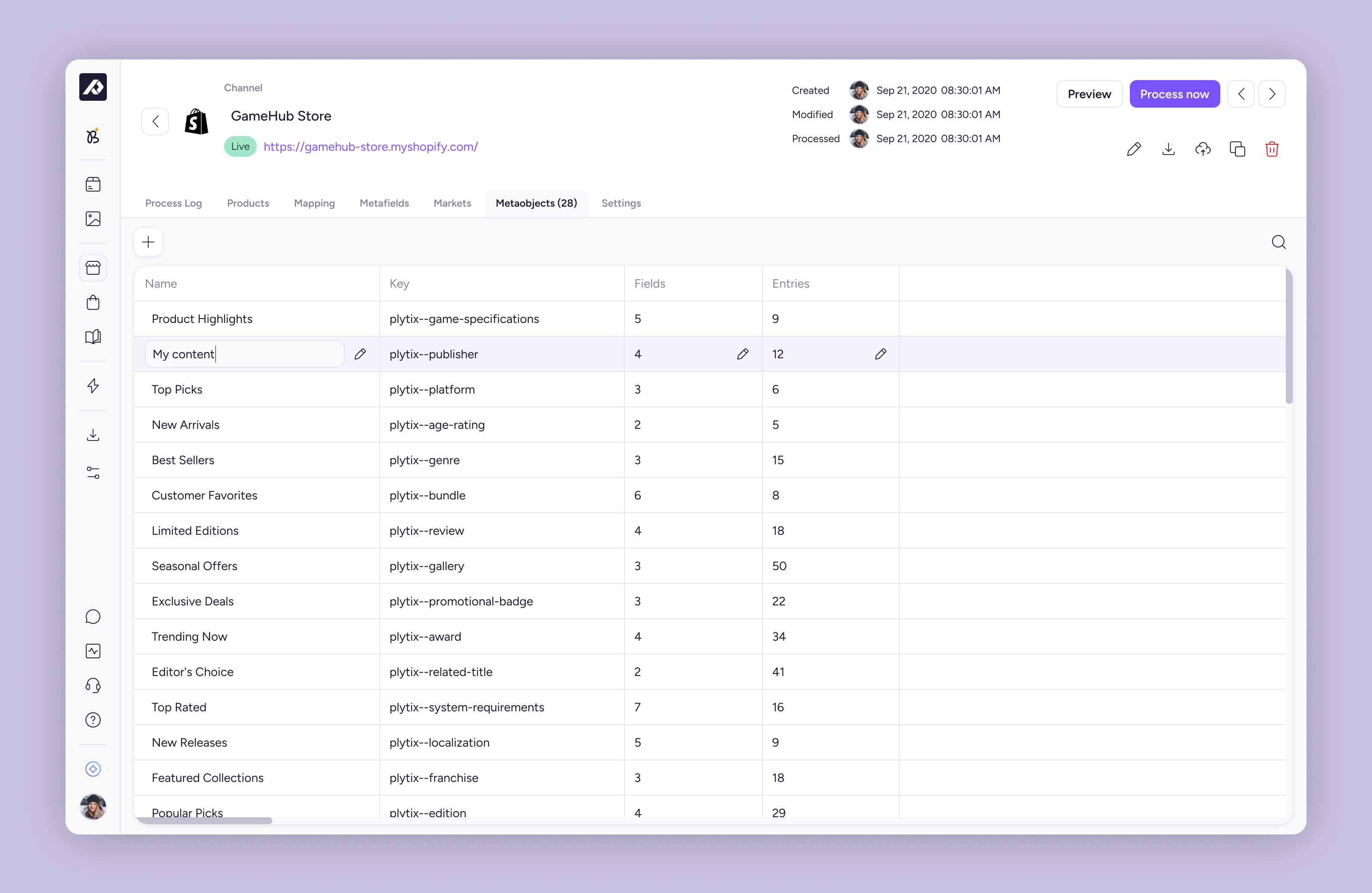 Metaobjects tab listing name, key, field count, and entry count for each metaobject in a Shopify channel