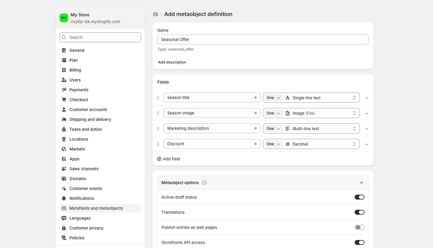 Shopify Metaobjects definition screen