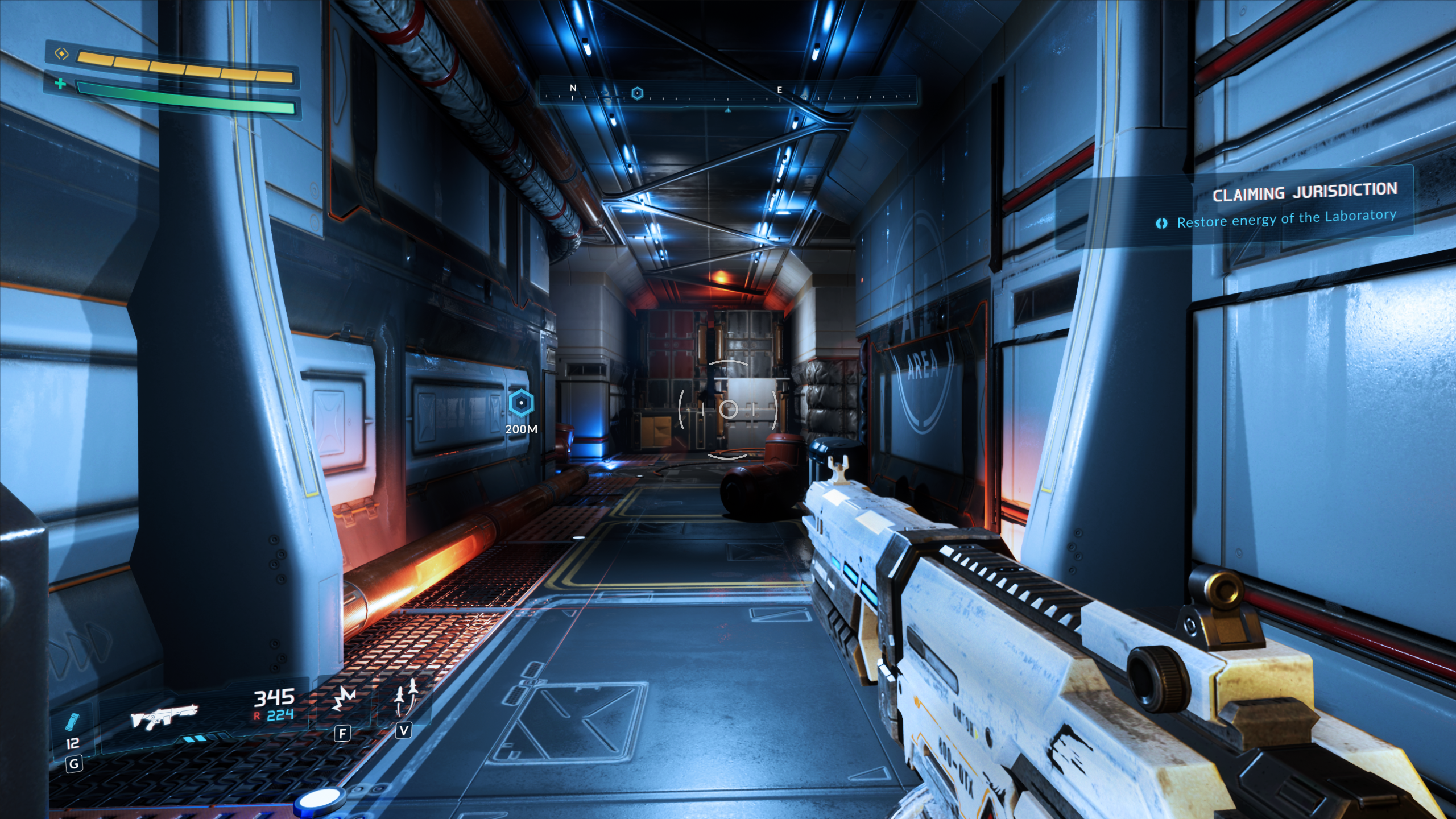 Early HUD concept with horizontal health and shield bars, compass, and weapon module