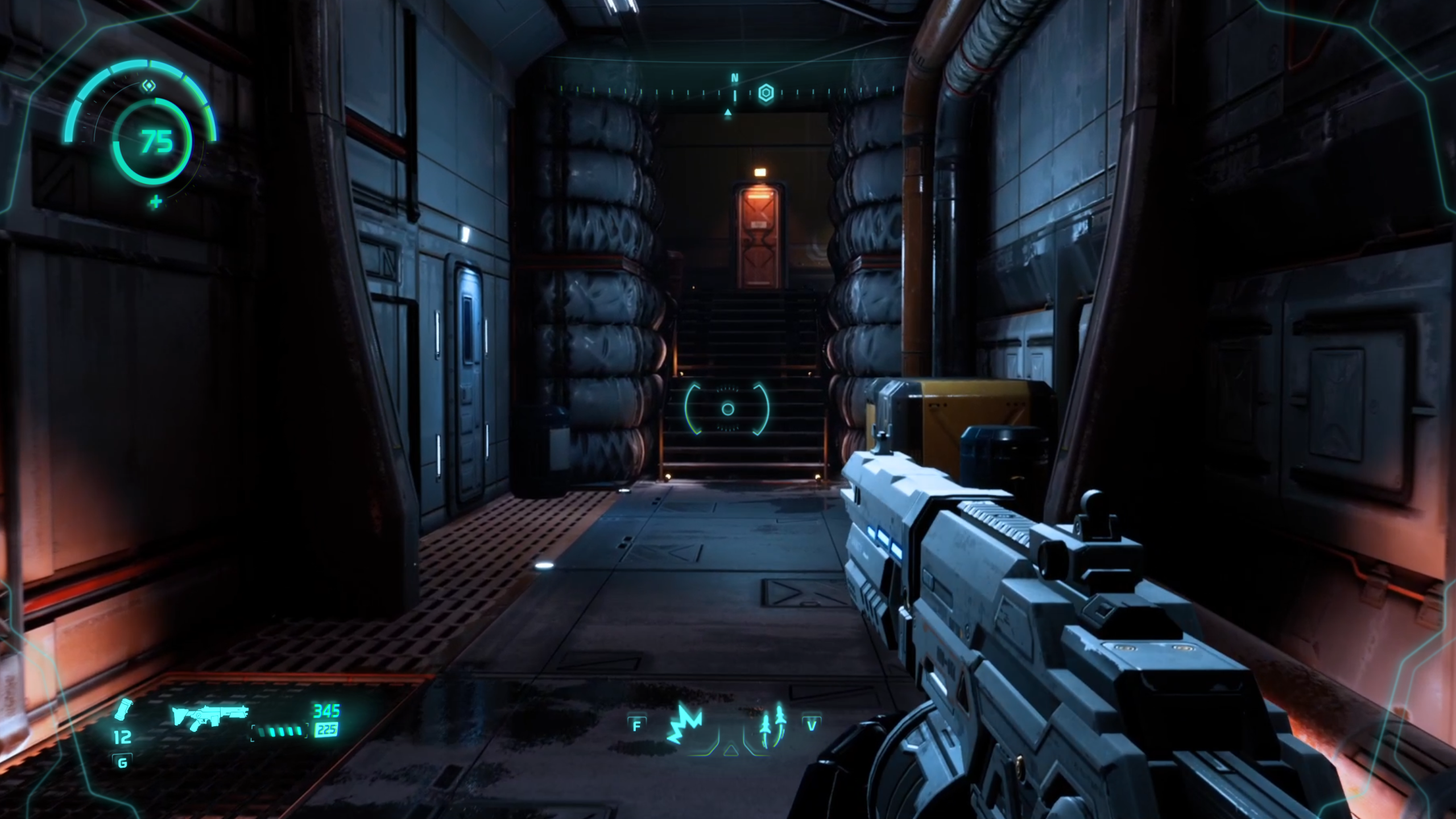Early HUD concept with circular shield gauge and cyan visor framing