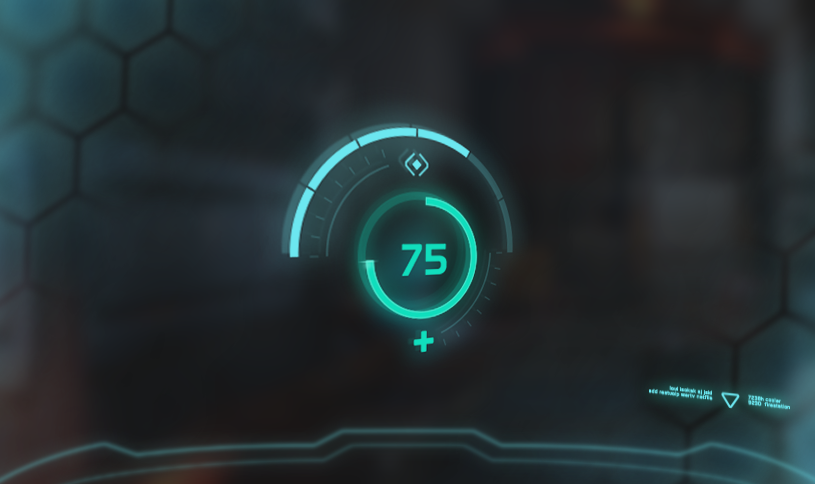 Central shield integrity gauge with hexagonal overlay and cyan sci-fi framing