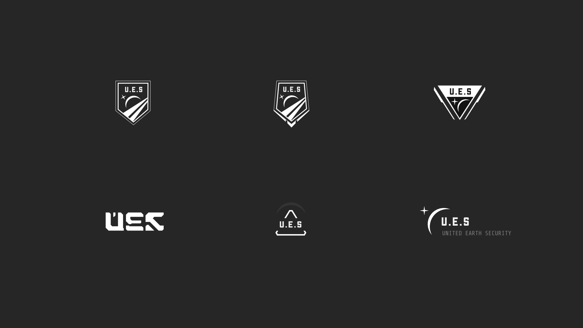 Six logo concepts for United Earth Security including shields, triangles, and typography