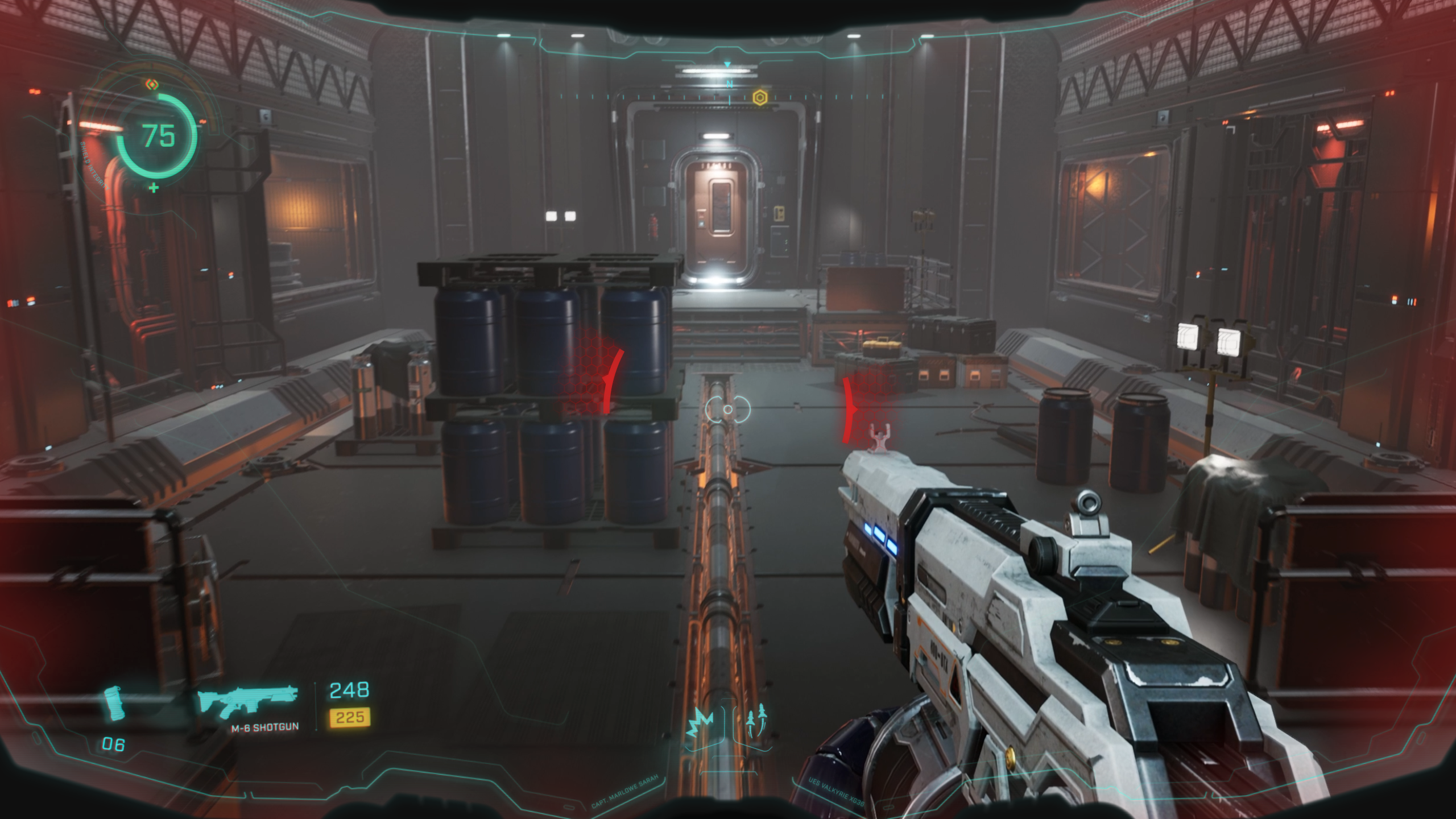 HUD with damage direction indicators and updated shield value in a hangar setting