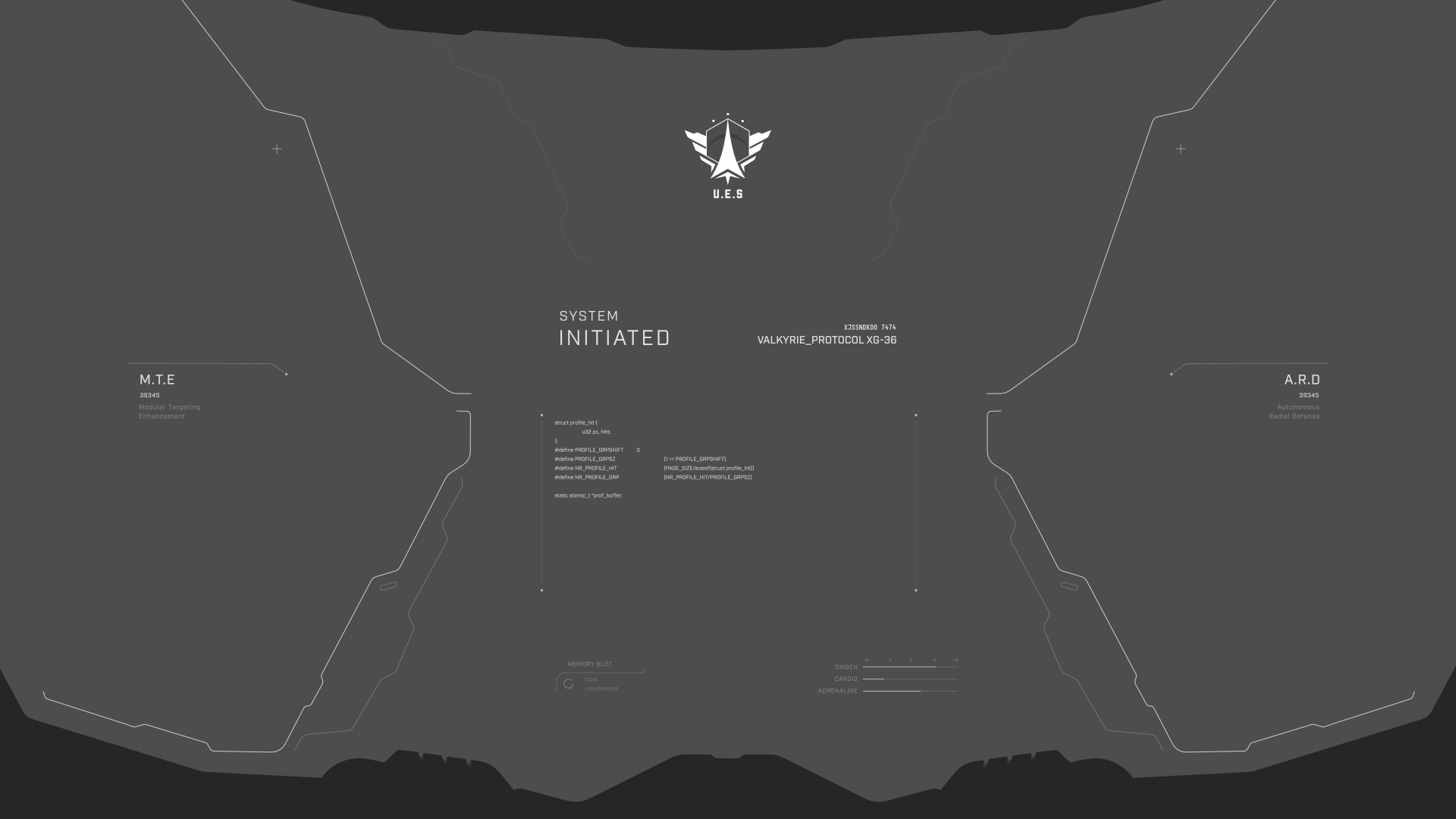 Final boot sequence wireframe with U.E.S. logo, system initiated text, and biometric bars