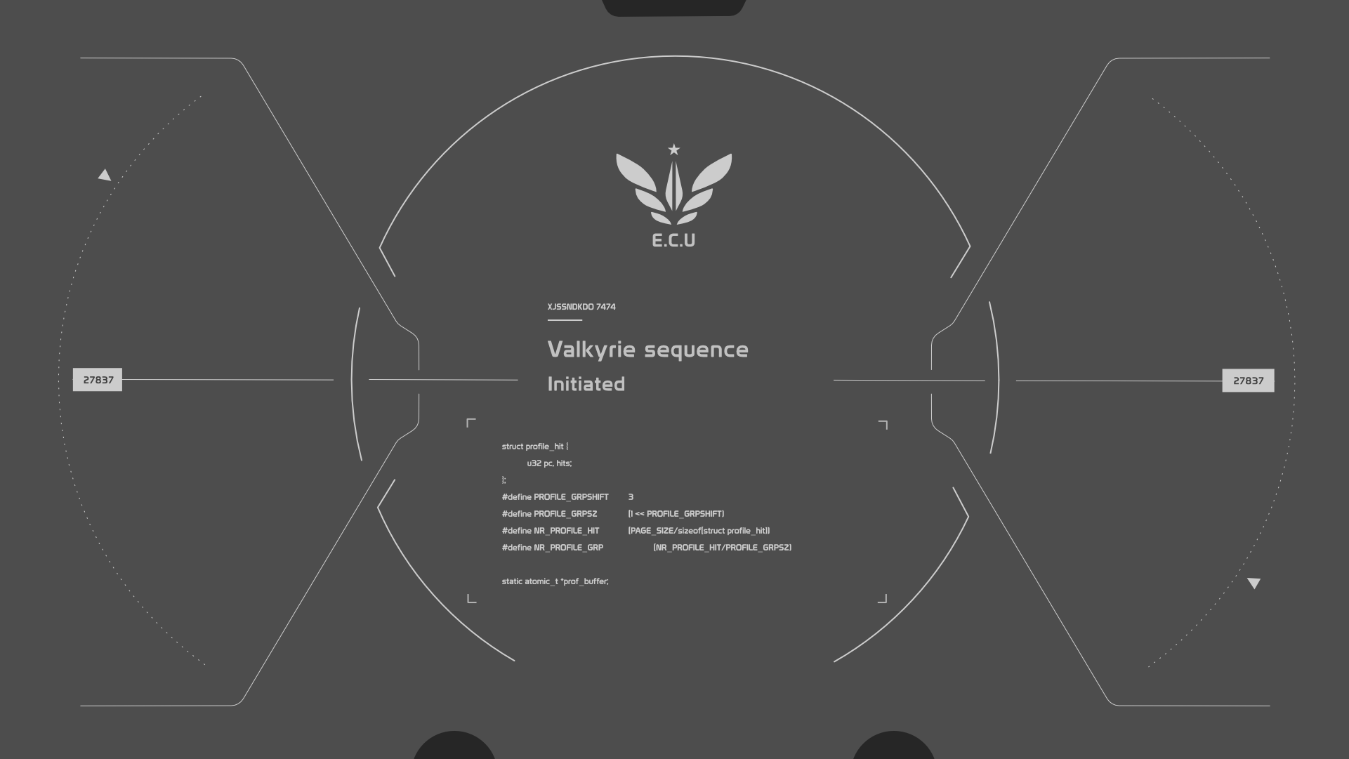 Boot sequence wireframe with Valkyrie sequence initiated and code block