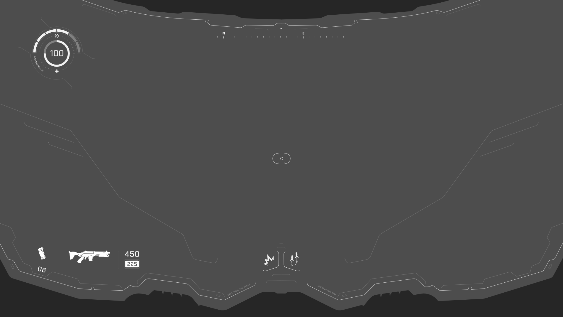 Final gameplay HUD wireframe with shield integrity, compass, weapon, grenades, and abilities