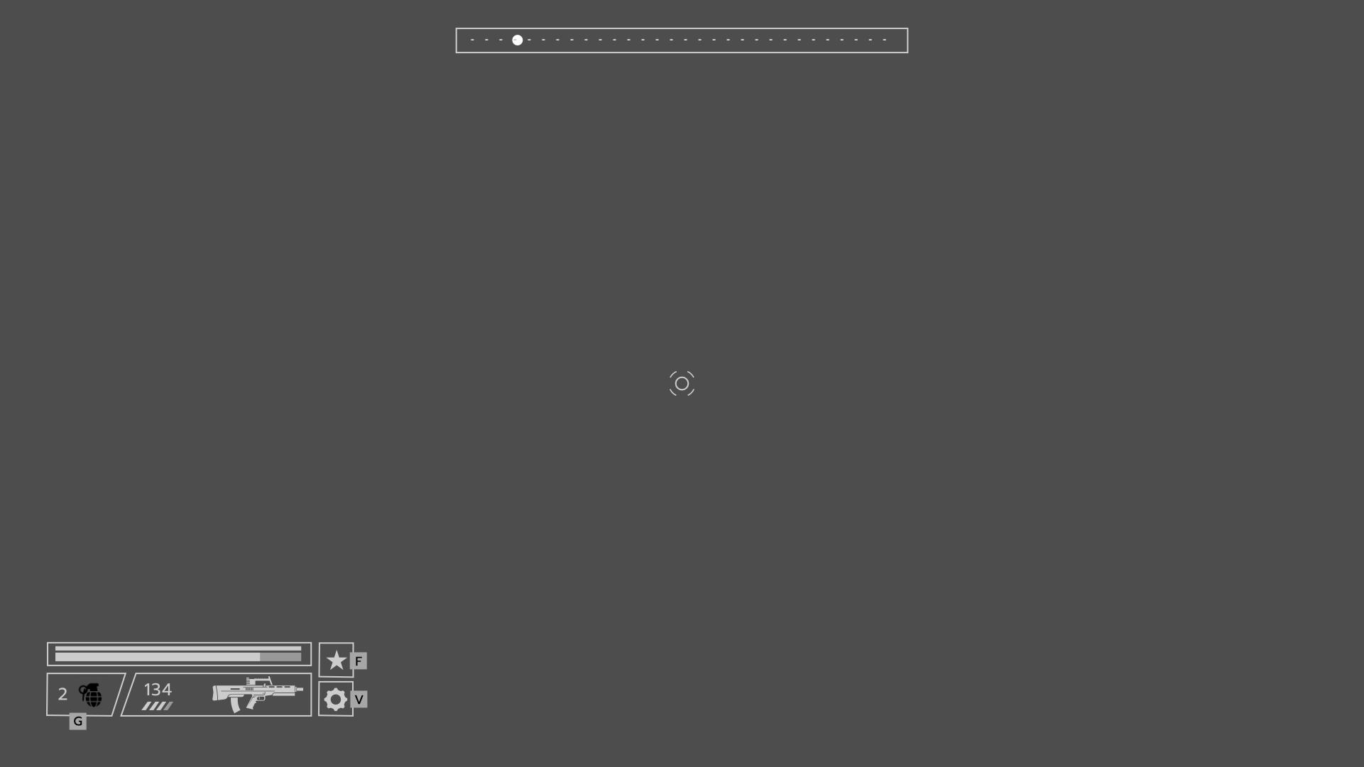Early gameplay HUD wireframe with compass, reticle, and weapon module