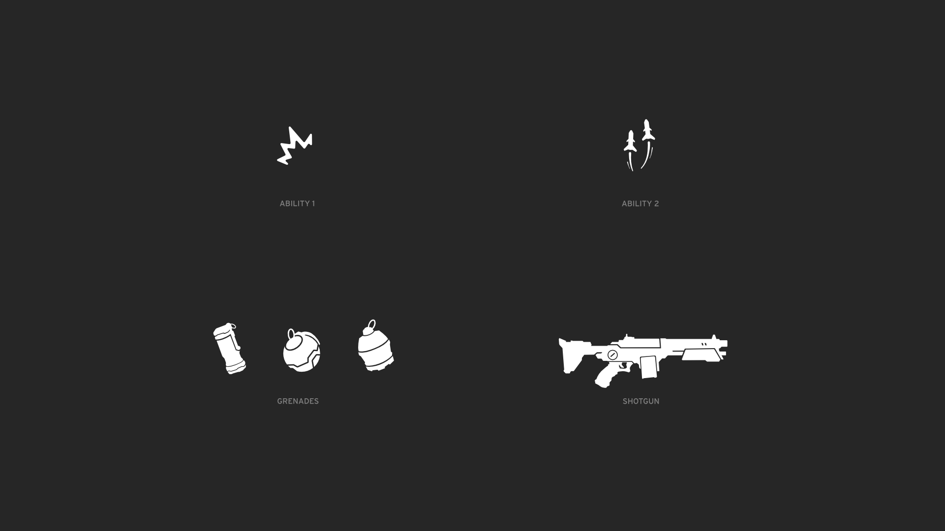 Icon set showing two abilities, three grenade types, and a shotgun silhouette