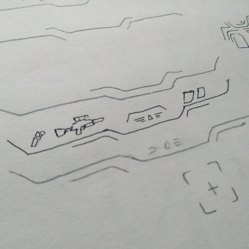 Hand-drawn sketch exploring weapon icons, emblem placement, and reticle layout